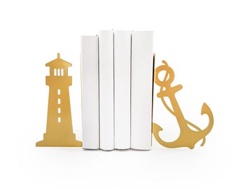 Sea Bookends | Lighthouse and Anchor | Beach House Shelf Decor