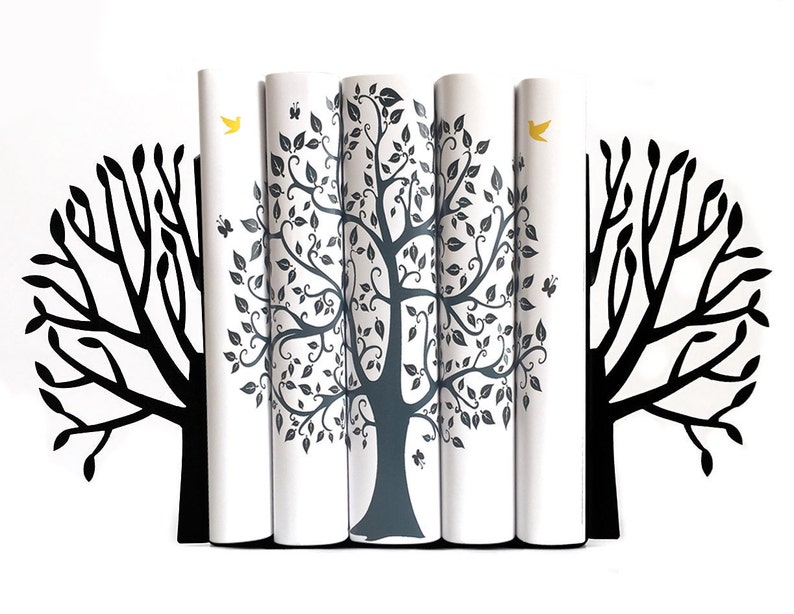 Unique bookends Spring Trees. Minimalist style functional shelf decor for your stylish home. Designed and made by us in our workshop in Cherkasy, Ukraine. Not mass manufactured.