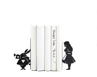 Metal Bookends Alice and White Rabbit // Alice in Wonderland // Lewis Carroll // Kid's Room Decor // Nursery  // Free Shipping