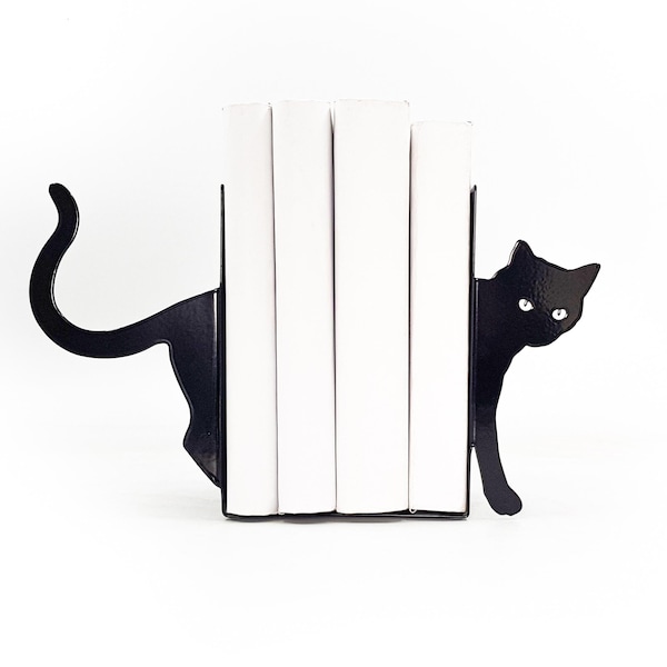 Schwarze Katzen-Buchstützen aus Metall – Modernes, minimalistisches Regaldesign