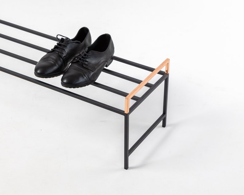 Black metal shoe rack with copper handles. Hand Welded in Ukraine. Hand welded from high grade steel square tube. Design Atelier Article on Etsy