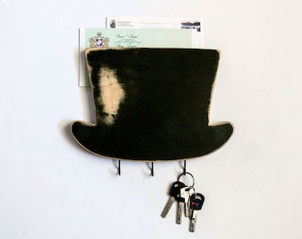 Whimsical Mail, Bills, Keys Wall Organizer, Compact Entryway Man Cave Shelf for in the Shape of High Hat, Housewarming Gift for Unique Home.