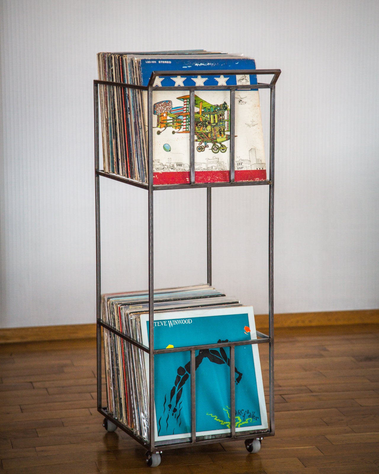LP storage Double-deck Album crate // Record cart on rotating wheels // conta... - Picture 2 of 10