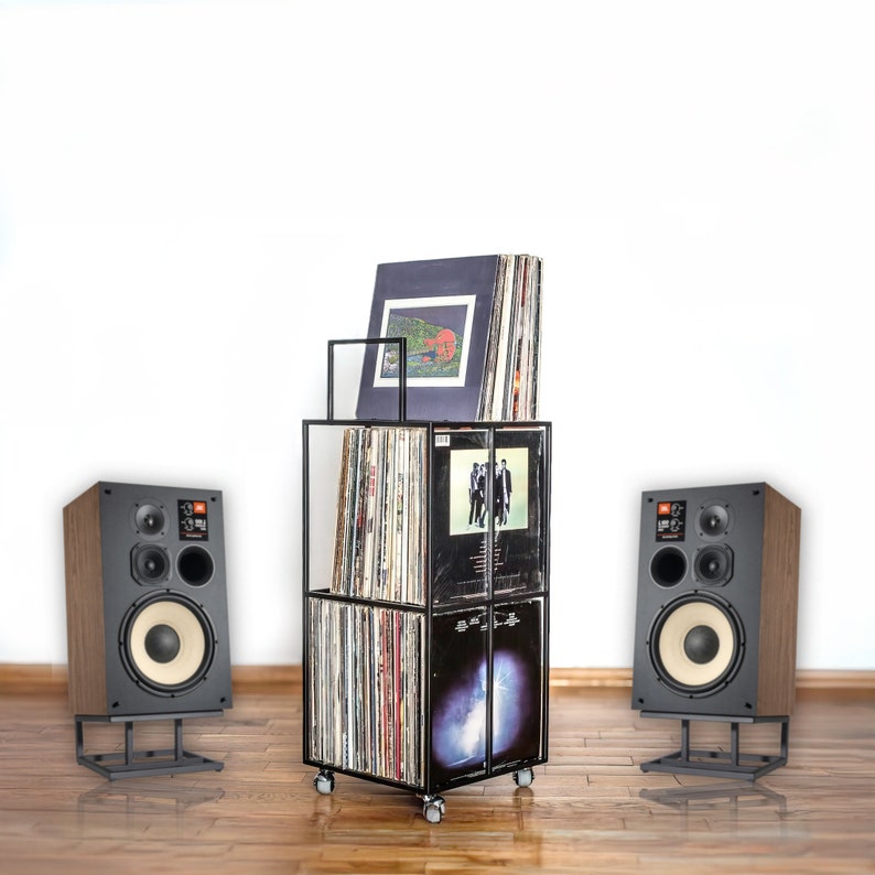 Premium quality hand-welded vinyl record storage. The metal stand for LP records holds around 180 LPs. The stand has 4 rubberized wheels for easy transportation. Designed and made by us in our workshop in Cherkasy, Ukraine. Not mass produced.