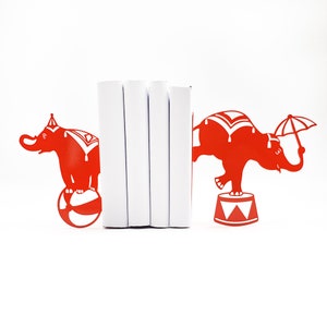 Red bookends Circus Elephants - Design Atelier Article on Etsy