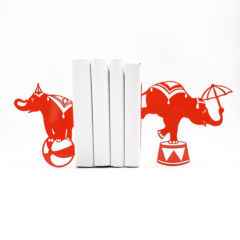 Red bookends Circus Elephants - Design Atelier Article on Etsy