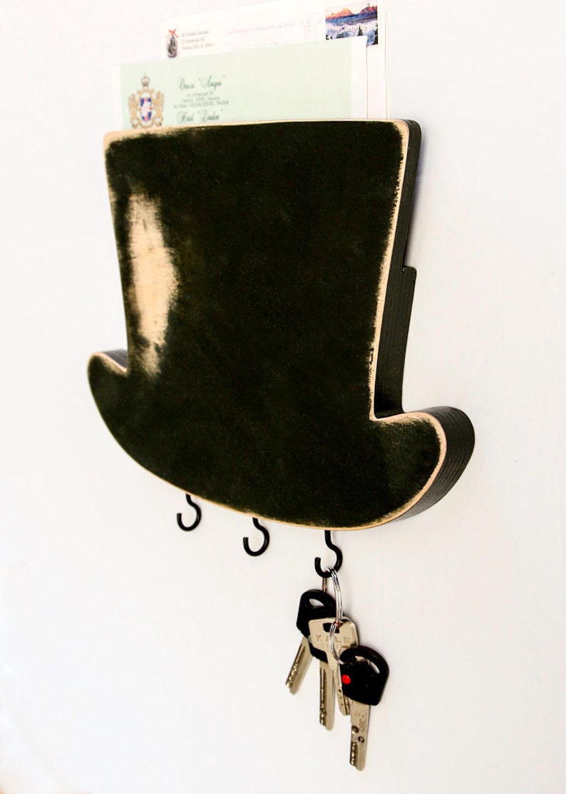 Whimsical Mail, Bills, Keys Wall Organizer, Compact Entryway Man Cave Shelf for in the Shape of High Hat, Housewarming Gift for Unique Home. image 2