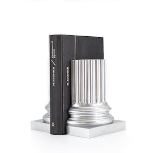 Architectural Neoclassical Style Pillar Bookends in Silver Metallic