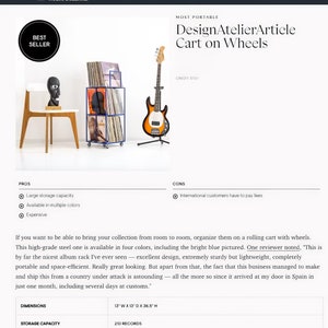 May include: A blue metal record storage cart with wheels. The cart is filled with vinyl records and is next to a bass guitar. The cart is 13 inches wide, 13 inches deep, and 36.5 inches high. It can hold up to 210 records.