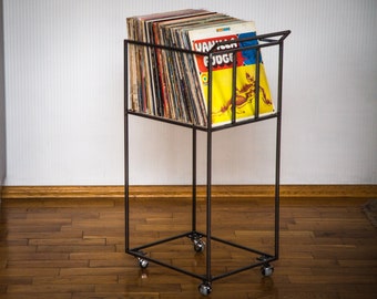 Premium quality Vinyl Record storage Stand // LP Record Storage Cart on rotating wheels holds over 80 LP records // free shipping