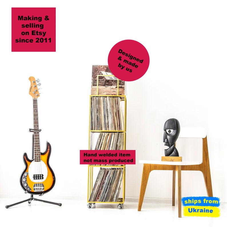 Four-tier metal stand for vinyl records. The modern and compact shelving unit holds 240 LP records. The unit has four rubberized wheels. Hand-welded by us in our workshop in Cherkasy, Ukraine. Not mass produced.