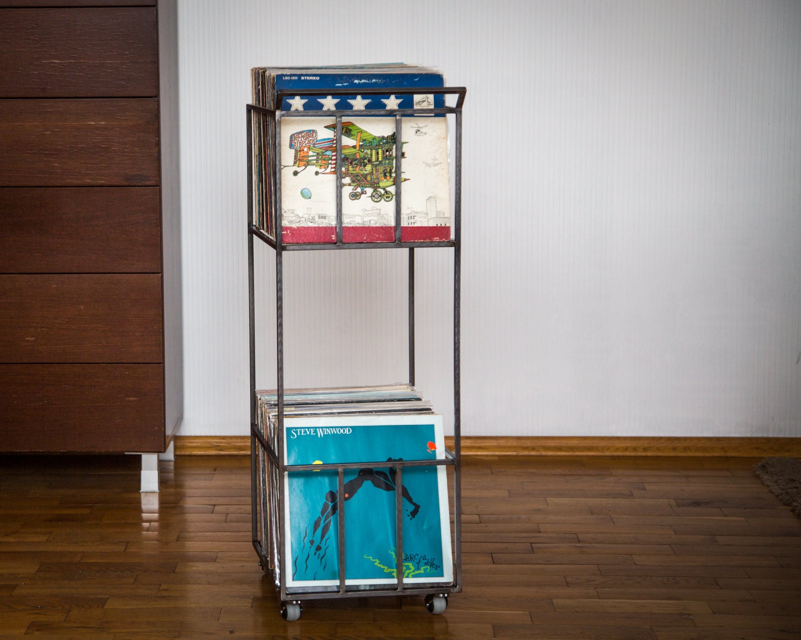 LP storage Double-deck Album crate // Record cart on rotating wheels // conta... - Picture 1 of 10