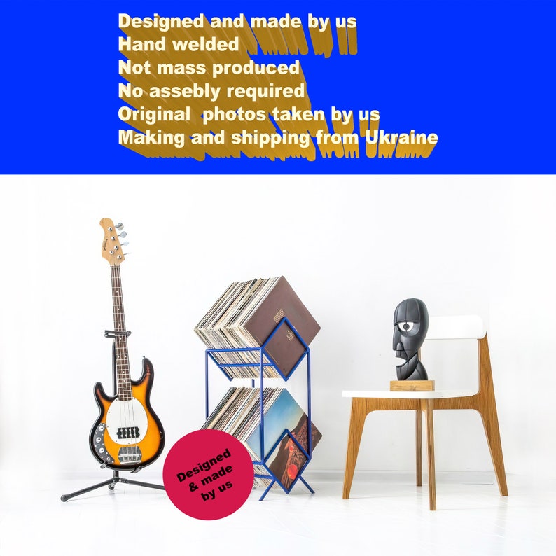 Vinyl record stand. Modern compact metal 2-level stand to keep your LP collection in order. Small footprint. Hand-welded by us. Not mass produced.