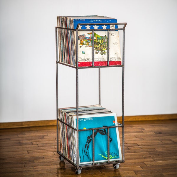 LP storage Double-deck Album crate // Record cart on rotating wheels // container holds over 160 LP records // free shipping