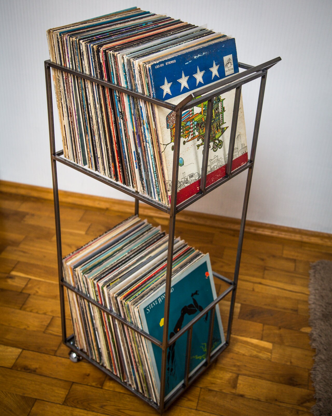 LP storage Double-deck Album crate // Record cart on rotating wheels // conta... - Picture 5 of 10