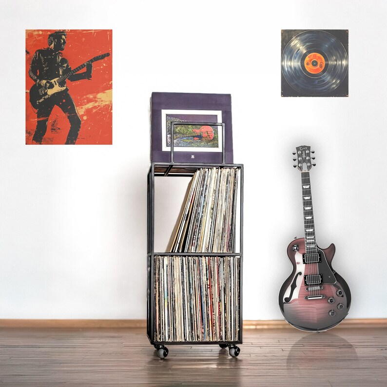 Three-tier black metal stand for vinyl records. Design Atelier Article on Etsy