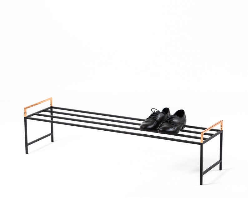 Black metal shoe rack with copper handles. Hand Welded in Ukraine. Hand welded from high grade steel square tube. Design Atelier Article on Etsy
