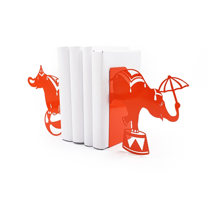 Red bookends Circus Elephants - Design Atelier Article on Etsy