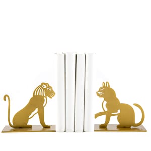 Gold Metal Bookends Lion and A Cat | Feline Lover Gift | Cat Shelf Decot