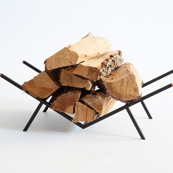 Compact Log Holder with copper accents // Firewood stand for indoors or outdoors