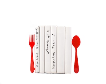 Gift for the Host: Red Metal Kitchen Bookends "Fork and Spoon". Kitchen Shelf Organizer for Cookbooks.