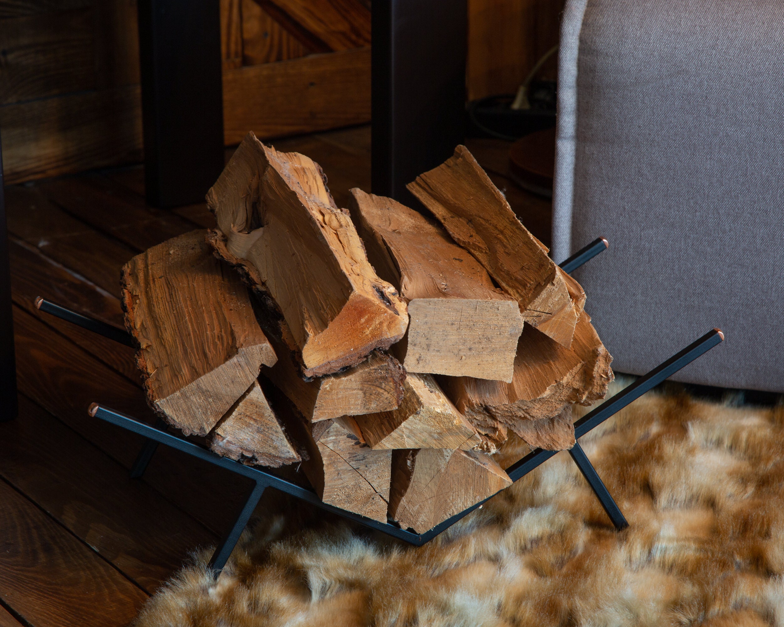 Compact Log Holder With Copper Accents // Firewood Stand for Etsy UK