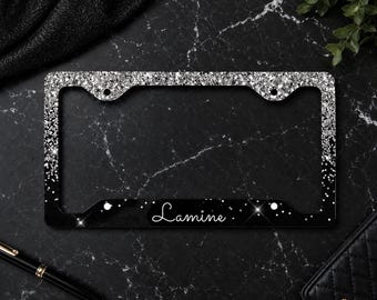 Black License Plate Frame | Custom name Silver Faux Glitter metal Car Plate Holder | Personalized Cute Auto Accessory Gift