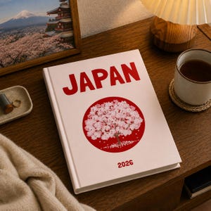 以下が含まれることがあります： 上部に太い赤文字でJAPANと印刷された白いハードカバーの本。テキストの下には、ピンクの桜の木のイラストが描かれた赤い円があります。表紙の下部には2026という年号が赤色で印刷されています。