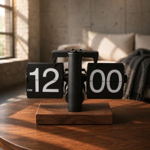May include: A black flip clock with white numbers displaying 12:00 PM. The clock features a central vertical support post and is mounted on a rectangular wooden base. The mechanical design shows exposed internal components between the two display panels.