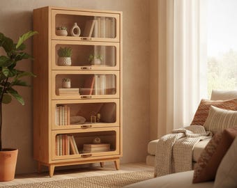 Wooden Bookcase with Tempered Glass Doors, 4 Tier Elegant Bookshelf, Tall Antique Book Shelf, Rustic Farmhouse Luxury Display Cabinet