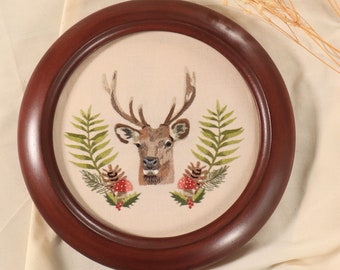 Deer Embroidery Hoop Art, Finished Embroidery, Original Art Thread Painting