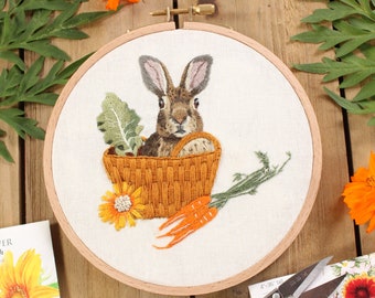 Garden Rabbit Art - Finished Embroidery Hoop Wall Art - Embroidered Bunny Wall Decor