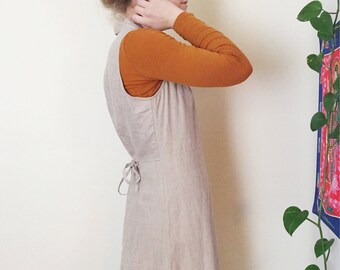Vintage Minimal Flax Linen Dress Linen Maxi Dress Neutral Minimalist Womens Clothing, Size 10 Button Down Dress, Khaki Colored