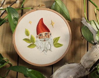 Gnome Wall Art, Finished Embroidery Hoop Art, Cottagecore Art, Mushroomcore