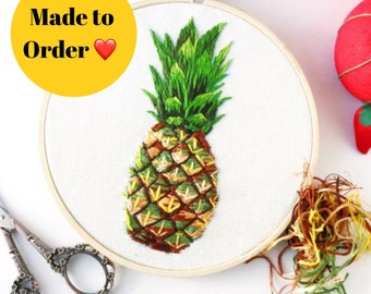 VINTAGE Beautiful Hand Embroidered 36 square TABLECLOTH with Fruit in each corner Bananas Apples Pineapple and Cherries
