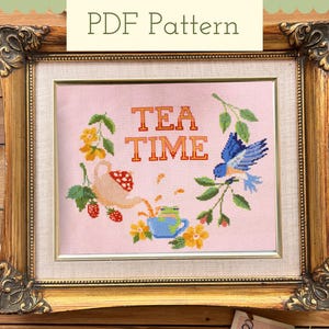 Tea Time Cross Stitch Pattern: Frog, Bird & Forest Animals (PDF Pattern)