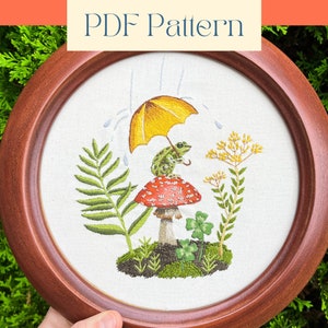 Frog And Mushroom Embroidery Pattern PDF, Thread Painting Pattern