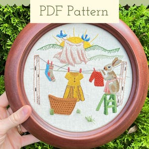 Laundry Line Hand Embroidery Pattern - Laundry Day - Bunny Hanging Clothes On Clothesline