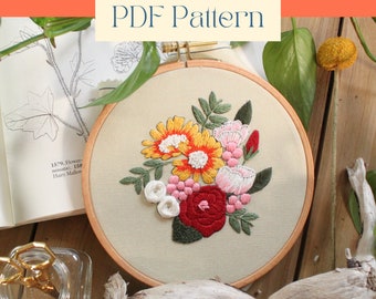 Wildflower Bouquet Embroidery Pattern PDF Stitch Sampler, Floral Hand Embroidery Bouquet Pattern