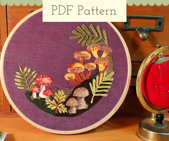 Mushroom Embroidery Pattern PDF - Colorful Fungi - Beginner Thread Painting - Woodland Embroidery Design