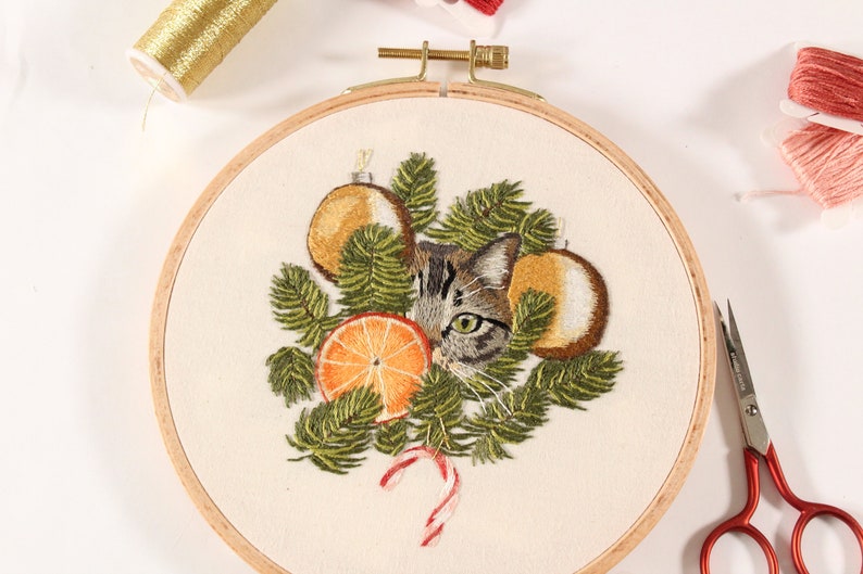 Christmas Cat Thread Painting Embroidery Pattern (PDF Pattern) - Etsy