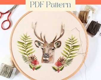 Deer Embroidery Thread Painting Pattern, Winter Embroidery Pattern, Woodland Creature Needle Painting Pattern