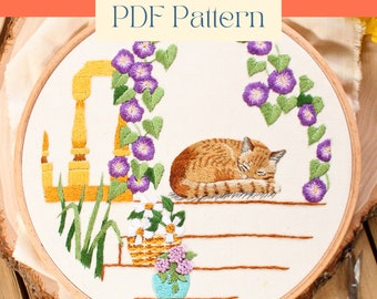 Cat Embroidery Pattern PDF - Summer Embroidery Design - Thread Painting, Needle Painting Tutorial