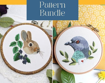 Animal Thread Painting Embroidery Bundle, 2 Embroidery PDF Patterns, Pigeon and Rabbit