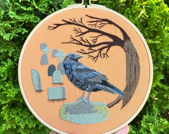 Raven In Graveyard, Completed Embroidery Hoop Art, Finished Crow In Cemetery Embroidery