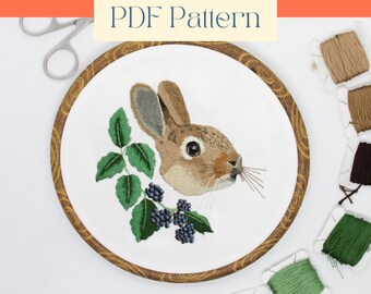 Thread Painting Pattern, Woodland Embroidery Design, Rabbit With Blackberries