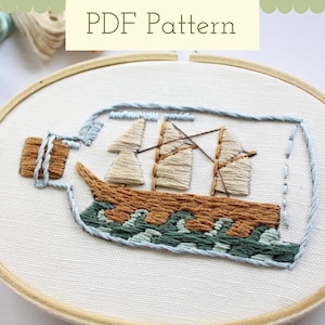 Ship In A Bottle Hand Embroidery Pattern PDF - Beginner Friendly