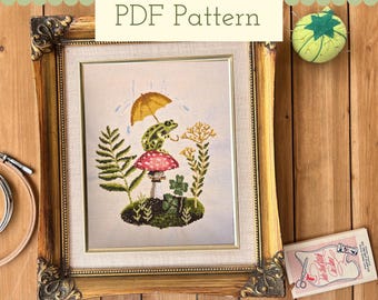 Frog and Mushroom Cross Stitch Pattern