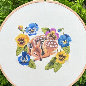 Deer and Pansy Flower Embroidery Hoop Art, Finished Embroidery, Original Gouache Art + Thread Painting