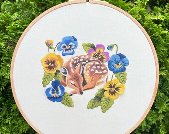 Deer and Pansy Flower Embroidery Hoop Art, Finished Embroidery, Original Gouache Art + Thread Painting